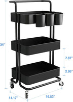 AIYAKA 3-Tier Rolling Utility Storage Cart, Multifunction Trolley Service Cart, with Mesh Basket Handles and Wheels, for Bathroom, Kitchen, Office, Black
