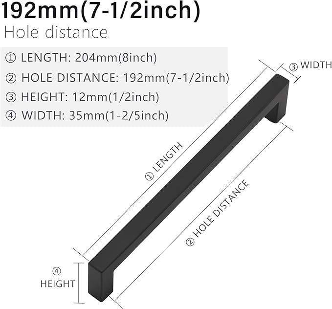 Cabinet Pulls Matte Black Cabinet Handles Square Drawer Pulls, 5 Pack 7-1/2 Inch Stainless Steel Kitchen Door Cupboard Cabinet Handles, Drawer Hardware Handles, 192mm Hole Centers