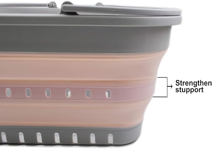SAMMART 19L (5 Gallon) Collapsible Tub with Handle - Portable Outdoor Picnic Basket/Crater - Foldable Shopping Bag - Space Saving Storage Container (1, Grey/Pink)