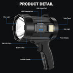 Spotlight Rechargeable, 99,000 Lumens Super Bright Handheld Flashlight, Outdoor Led Spot Light with Cob Light and Solar Panels for Boating Camping Home