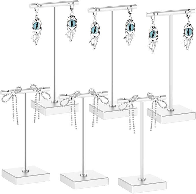 Kigeli 6 Pack Metal T Bar Earring Display Stand Retail Earring Display Holder Detachable Metal Earring Display Storage Rack Jewelry Photography Prop, Square Base, Height 4.3" and 5.1" (Silver)