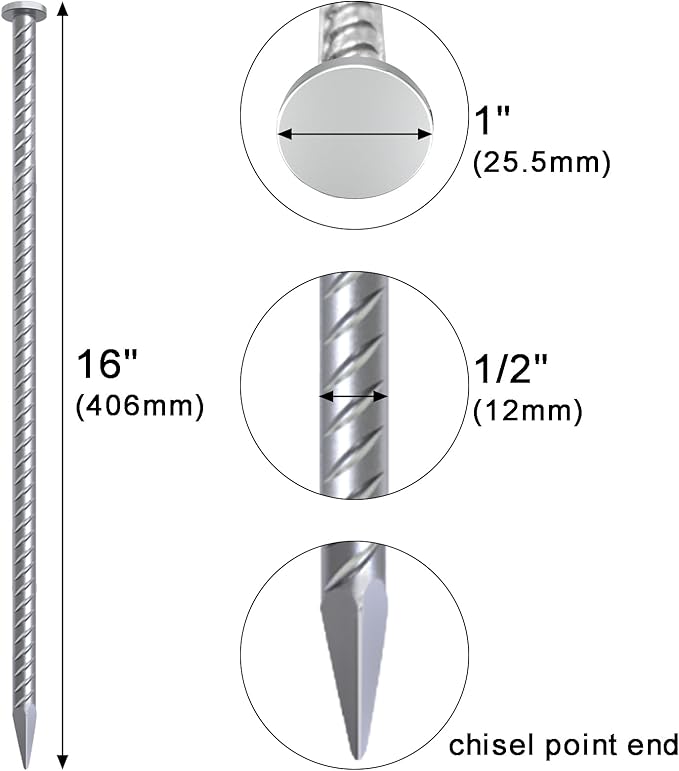 VVOKGO 16 Inch Rebar Stakes Metal Asphalt Anchoring Spikes Ground (8pcs), 1/2 Inch Diameter Galvanized Landscape Anchors Heavy Duty for Speed Bump, Handicap Threshold Ramps, Parking Limits Curb, Tarp