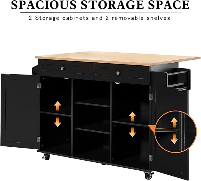 HLR Kitchen Island On Wheels, Black Rolling Kitchen Island Cart with Drop Leaf Countertop, Barn Door Kitchen Islands Table with Storage Cabinet and Tower Rack, Island Table for Kitchen