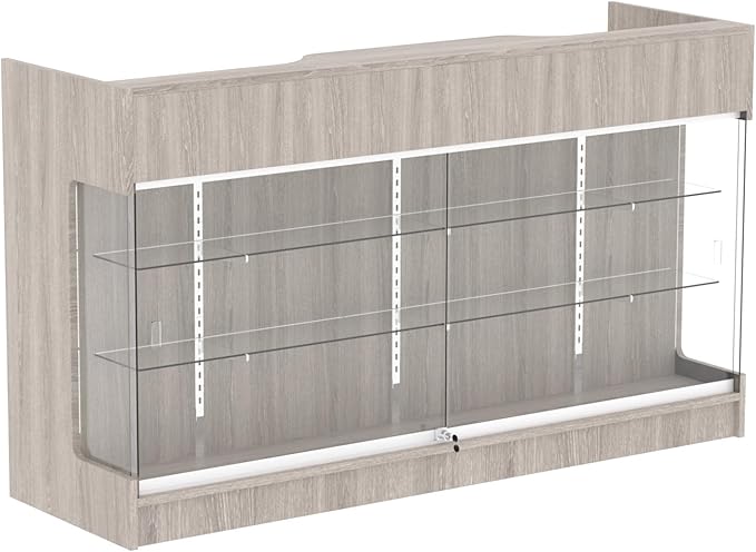 72" W x 22" D x 42" H - Tempered Glass Retail Display Case, Reception Desk, Retail Checkout Counter with Lockable Drawers, Suitable for Offices, Retail Stores and Boutiques (Gray Wood Grain)