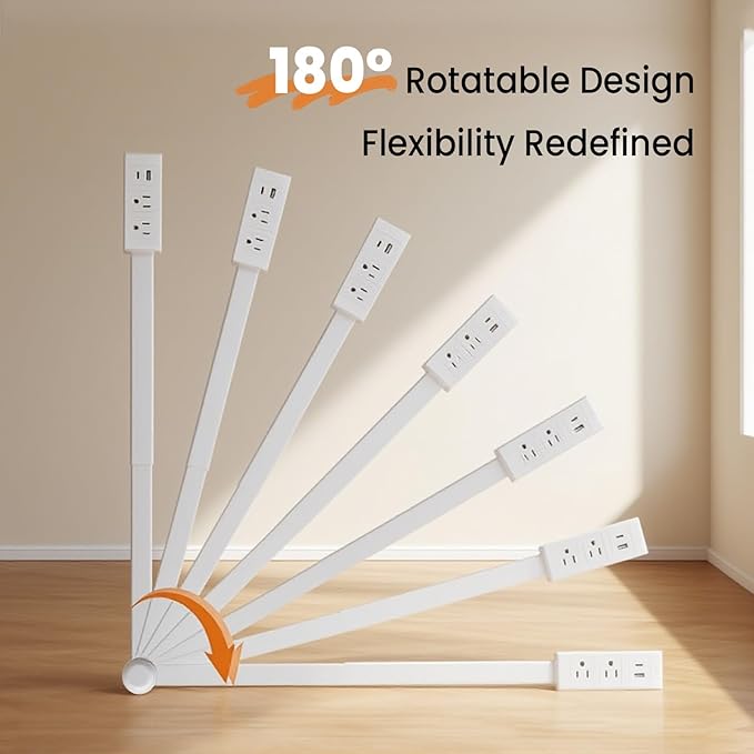 Adjustable Power Extension Pole with USB-C & USB-A Ports, 2 AC Outlets, 22–27 Inch Expandable Length, 180° Rotating Design, Space-Saving Power Strip for Sofa, Desk, and Bedside Use