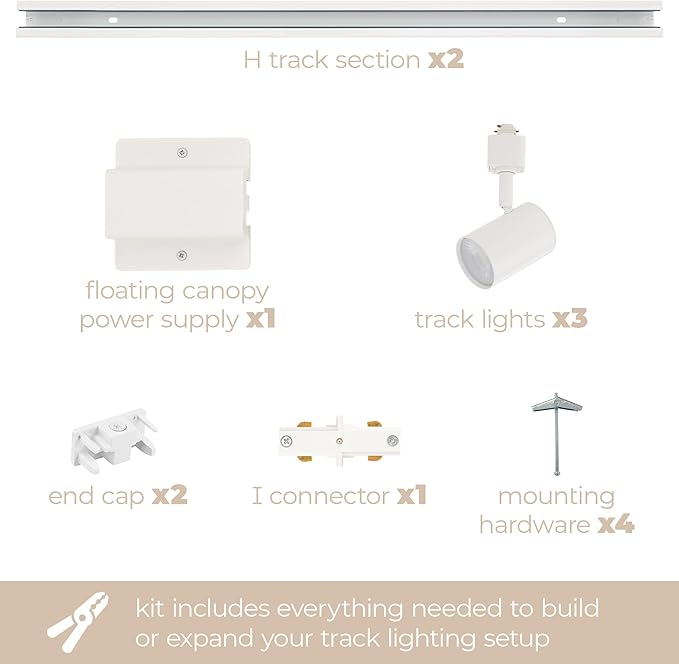 Amped Collection 3-Light 48in Field Cuttable LED Track Lighting Kit with 3 LED 5-CCT Selectable Track Heads, 4ft Track, End Caps, Floating Feed in White Finish