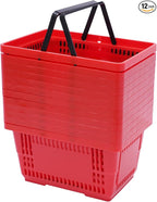 12PCS Shopping Baskets with Handles, 21L Plastic Grocery Basket for Retail Store, Supermarket, Grocery Shopping |17" x 12" x 9" Portable Shop Basket (Red)