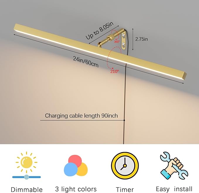 24" Plug in Picture Light for Paintings with Remote Control, 9W LED Art Display Lighting for Gallery, Dartboard, Artwork, Gold Finish Wall Mounted Picture Frame Light