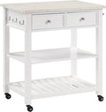 OSP Home Furnishings Litchfield Modern Farmhouse Kitchen Cart, Solid Wood Frame with Storage Drawers, Shelves, Locking Casters, White with Faux Marble Top