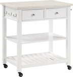 OSP Home Furnishings Litchfield Modern Farmhouse Kitchen Cart, Solid Wood Frame with Storage Drawers, Shelves, Locking Casters, White with Faux Marble Top