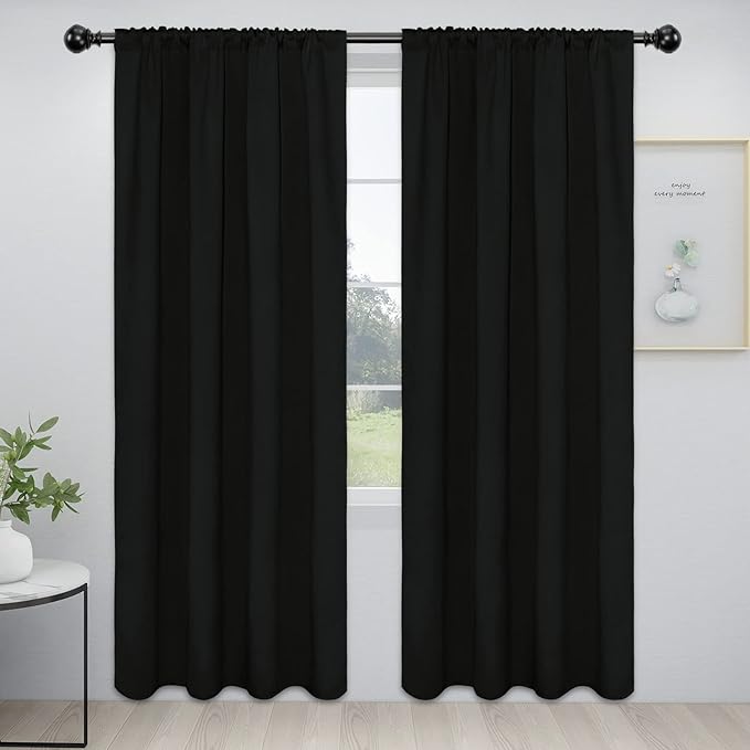Easy-Going Rod Pocket Blackout Curtains for Bedroom, Room Darkening Window Curtains for Living Room, Thermal Insulated Noise Reduction Solid Window Drapes, 2 Panels(42x84 in, Black)