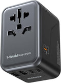 MOMAX 6-in-1 Universal Travel Adapter, GaN 70W International Power Adapter, 3 USB-C PD Fast Charging & 2 USB-A QC, 1 AC, All-in-one International Plug Adapter for Travel European UK AUS JP