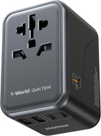 MOMAX 6-in-1 Universal Travel Adapter, GaN 70W International Power Adapter, 3 USB-C PD Fast Charging & 2 USB-A QC, 1 AC, All-in-one International Plug Adapter for Travel European UK AUS JP
