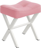 18-Inch Leather Vanity Stool Chair, Vanity Bench with Metal X-Leg, Ottoman Accent Stool with Thick Padded Saddle Seat, Pink