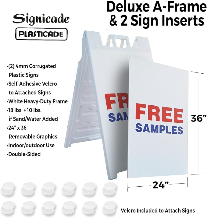 Free Samples 24" x 36" Double Sided A-Frame Sidewalk Sign Includes 2 Plastic Inserts Foldable Portable White Signicade Sandwich Board Retail Promotions Customer Incentives Business Signage Made in USA