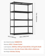 VEVOR Storage Shelves, 3000 lbs, 5 Tier Heavy Duty Garage Shelving, 20" D x 48" W x 72" H Adjustable Metal Shelves for Industrial Shelving Unit Utility Shelf, for Kitchen, Warehouse, Basement, Black