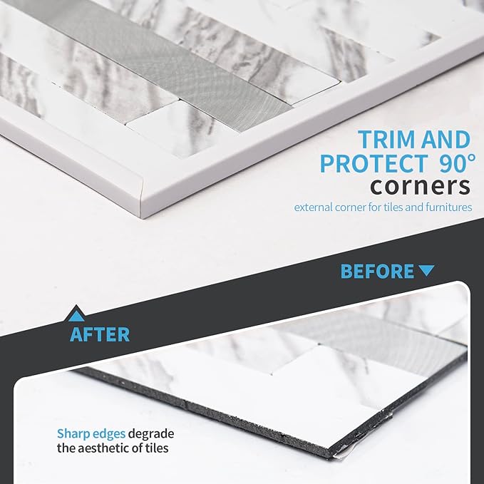 Art3d 20ft Outside Vinyl Corner Trim Peel and Stick for Tile and Wall Edges, Furniture Decoration White