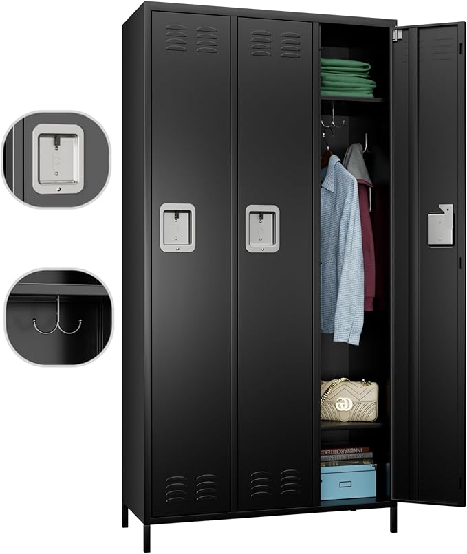 Aobabo Metal Lockers for Employees, 3 Doors Storage Locker with 9 Hooks for Office Home, Black, Assembly Required