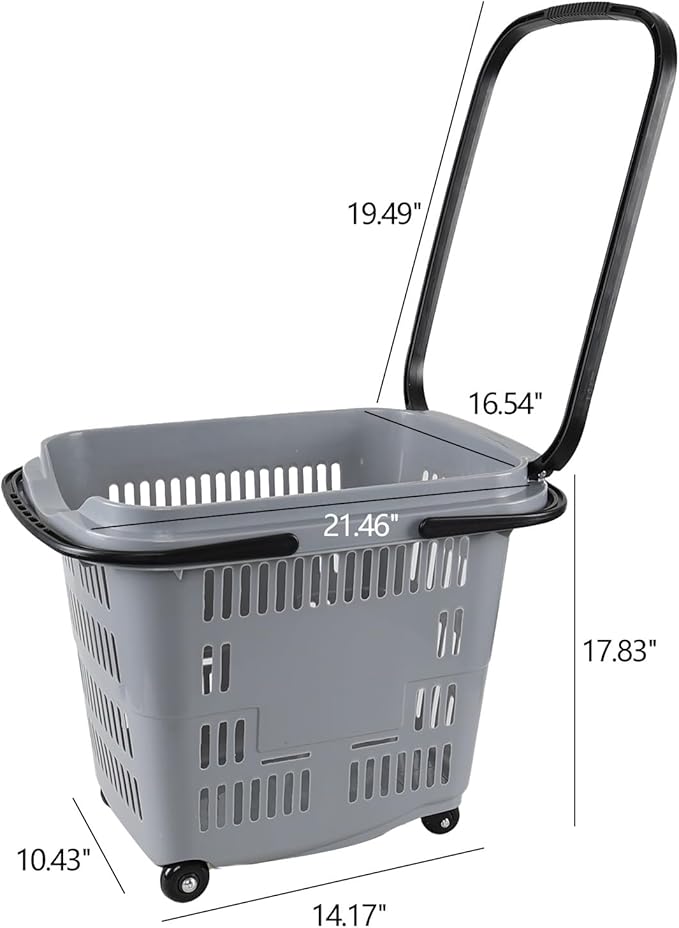 Kekow 50 L Large Plastic Shopping Basket with Wheels, 4 Pack Plastic Rolling Shopping Basket with Wheels and Handle, Gray