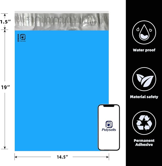 POLYSELLS 100 pcs 14.5x19 Inches Blue Poly Mailers Shipping Envelopes, Strong Adhesive Sealing, Waterproof, and Tear-resistant Postal Mailing Bags for Clothing, Books, and Accessories