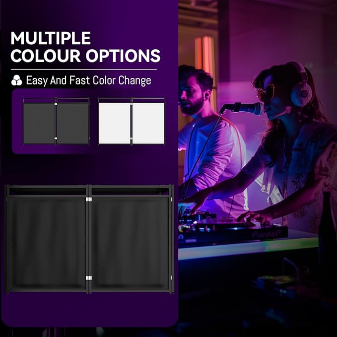 Portable DJ Booth Table,56''x28" Foldable DJ Table Stand Portable with White & Black Scrim,Adjustable D J Facade Tabl e Station Metal Frame D J Tabl e with Cable Hole for Private Events, Clubs, Bars