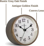 Presentime & Co 4" Vintage Tabletop Alarm Mantel Clock, Desk and Shelf Clock, Silent no Ticking, Rustic Grey Oak and Antique Gold Finish. Tabletop Décor, Home Décor, Farmhouse Décor.