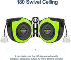 Retractable Extension Cord Reel, 65 Feet 12 AWG/3C SJTOW Heavy Duty Power Cord,15 AMP Circuit Breaker, 3-Lighted Triple Outlets, Ceiling or Wall Mount,Green