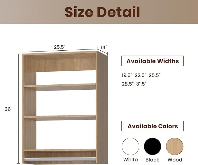ROOMTEC 25.5" Medium Hanging Closet Unit, Modular Closet System with Hanging Rod, Wardrobe Organizer for Bedroom or Walk-in Closet, Wall Mounted, Customizable Clothes Storage Unit, Wood