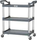 TUFFIOM 3-Tier Plastic Service Utility Cart with Wheels,Heavy Duty 390lbs Capacity,Commercial Rolling for Restaurant, Foodservice, Office, Warehouse, Gray 34.8''L x 17.4''W x 38.6''H