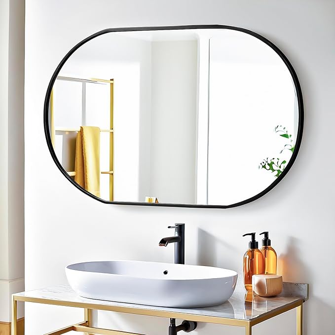 36x24 Mirror Runway Oval Wall Mounted Aluminum Alloy Metal Frame Rectangle Mirrors for Entryway Bedroom Bathroom Living Room 36 24 inch Black