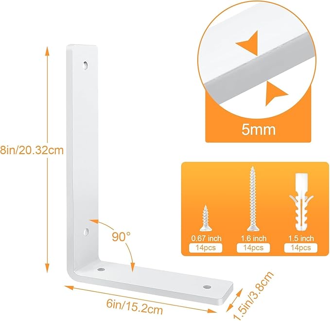 White Heavy Duty Shelf Brackets 8 Inch (10 Pack), Rustic L Floating Shelf Brackets, Wall Shelf Bracket for DIY Decorative with Mounting Hardware.