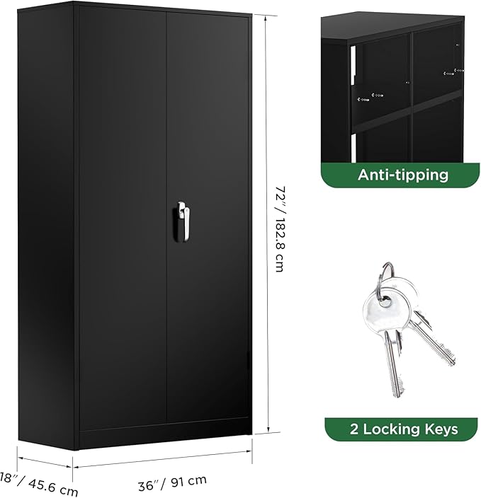 Greenvelly Metal Cabinet with Lock,72" Metal Storage Cabinet with 2 Doors and Adjustable 4 Shelves, Locking Cabinet for Home Office, Garage(36" W x 18" D)