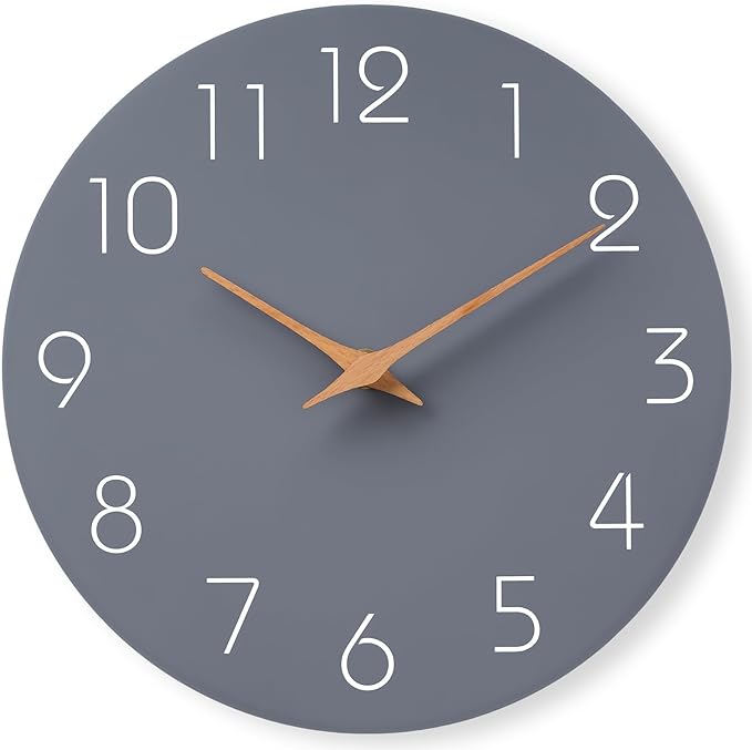 Mosewa Wall Clock 8 Inch Gray Battery Operated Silent Non Ticking Simple Modern Wood Clock Decorative for Bedroom Living Room Kitchen Home Bathroom Office
