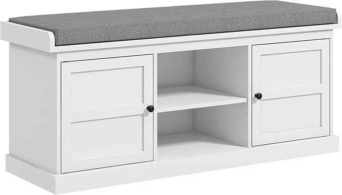 HOMCOM Shoe Bench with Cushion, Storage Bench for Entryway with Padded Seat, 2 Cabinets and Adjustable Shelf for Hallway, Living Room, Bedroom, White