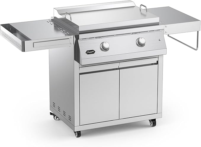Stainless Steel Grill Cart for Hygrill 2-Burner Built-In Griddle, Outdoor Kitchen Island with Foldable Side Shelves and Storage Cabinet