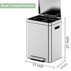 Dual Compartment Trash Can - 2 X 5.3 Gal (2 x 20L) Stainless Steel Trash Can, Double Sorting Bin with Soft Close Lids, Removable Inner Bucket, Step-on Recycling for Kitchen Home Office