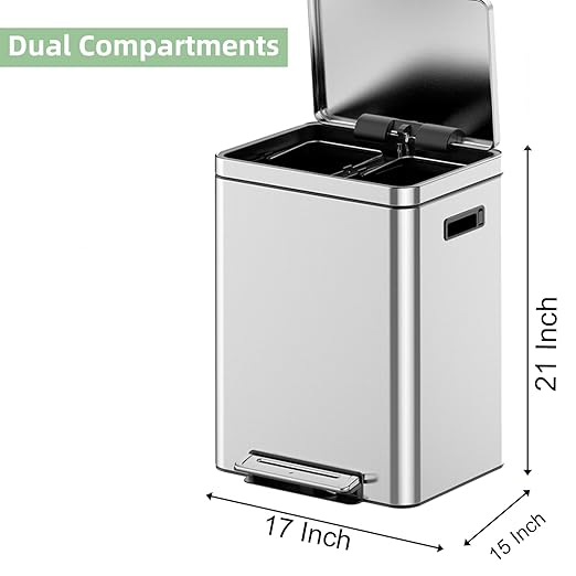 Dual Compartment Trash Can - 2 X 5.3 Gal (2 x 20L) Stainless Steel Trash Can, Double Sorting Bin with Soft Close Lids, Removable Inner Bucket, Step-on Recycling for Kitchen Home Office