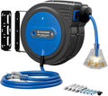 80FT Retractable Extension Cord Reel, 14 AWG/3C SJTOW Heavy Duty Power Cord with Lighted Triple Outlet, 13A Circuit Breaker, 180° Swivel Wall/Ceiling Mount Retractable Cord Reel, ETL Listed, Blue