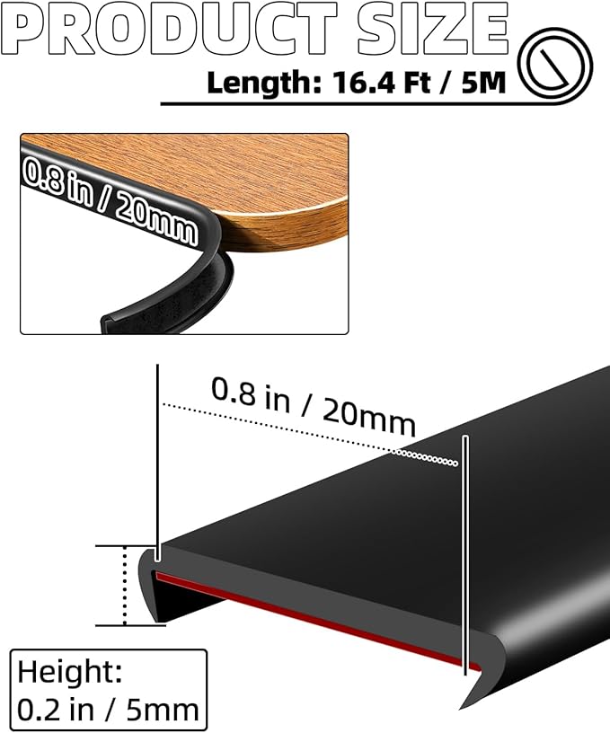 U-Shape Black TPE Edge Banding 16.4Ft Self-Adhesive Flexible Edge Trim, Furniture Edge Protector & Countertop Molding (W:0.8'' H:0.2'')