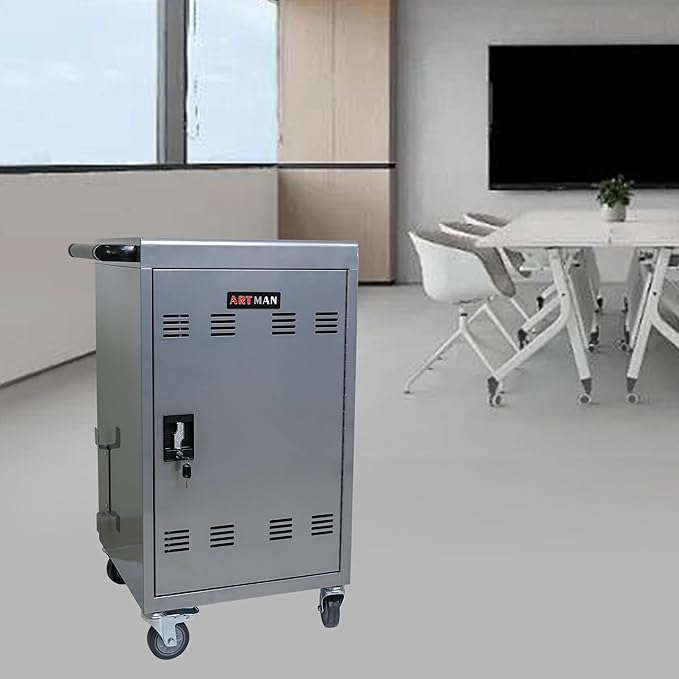 Laptop and Tablet Charging Cart, 32 Unit Device Mobile Charging Station for Chromebook, Tablet, Laptop, with Charging Port Screen Size Up to 16.3", Suitable for Office, Classroom, etc (Silver)