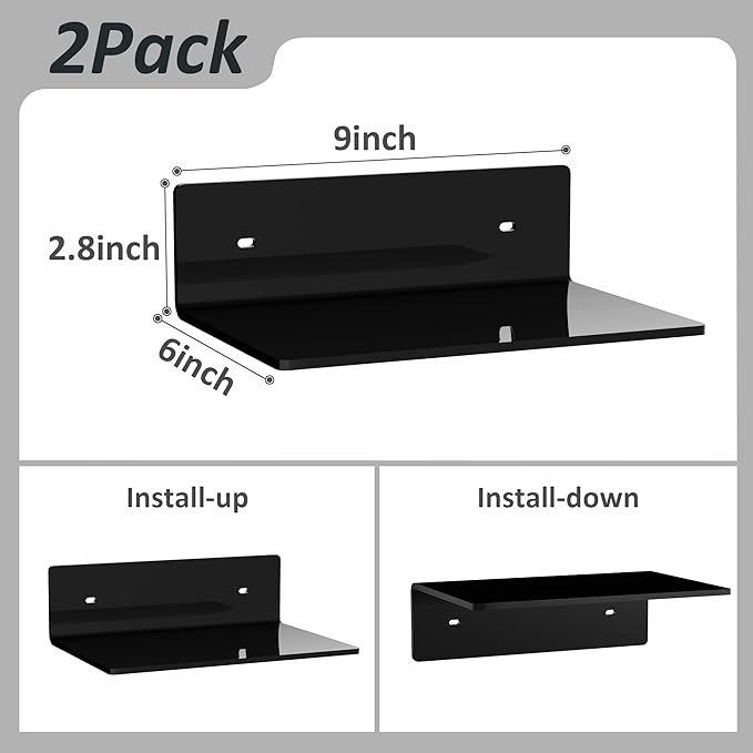 9 Inches Acrylic Wall Shelves 2 Pack, Floating Shelf for Wall Mounting, Acrylic Display Ledges for Funko Pop Figures, Home Décor, Living Room, Gaming Room, Plants(9 inch, Black)