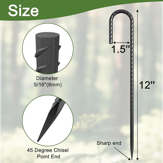 J Hook Rebar Stakes 12 Inch 55 Pack, 5/16 Inch Diameter Heavy Duty Steel Tent Stakes, Black E-Coated Anti-Rust Ground Anchors for Fencing, Tarp, Outdoor Decorations, Inflatables, Bounce House