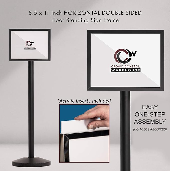 Crowd Control Warehouse Pedestal Standing Floor Sign Frame with Sloped Base, 8.5x11 Inch Horizontal, Black Powder Coated Steel