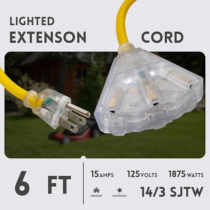 EP 6 Ft Lighted Outdoor Extension Cord with 3 Electrical Power Outlets - 14/3 SJTW Heavy Duty Yellow Extension Cable with 3 Prong Grounded Plug - Power Cord for Lawn, Garden, Appliances