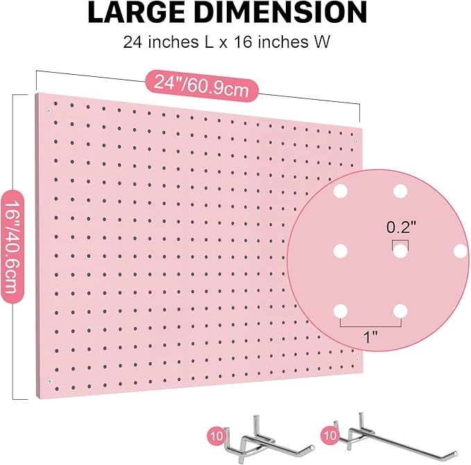 Peg Board, 2 Pack Metal Pegboard Panels Pink Pegboards Wall Organizer with Frame Large Heavy Duty Peg Board with Hooks for Walls Home,Garage Tool Storage,Office Organization,Kitchen 24”×16”