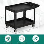 Heavy Duty Utility Rolling Tool Cart, 550 lbs Capacity Plastic Rolling Carts with 360°Swivel Wheels, 40 x 25 Inch Service Cart, 2 Shelf Work Cart for Warehouse,Garage, Cleaning, Black