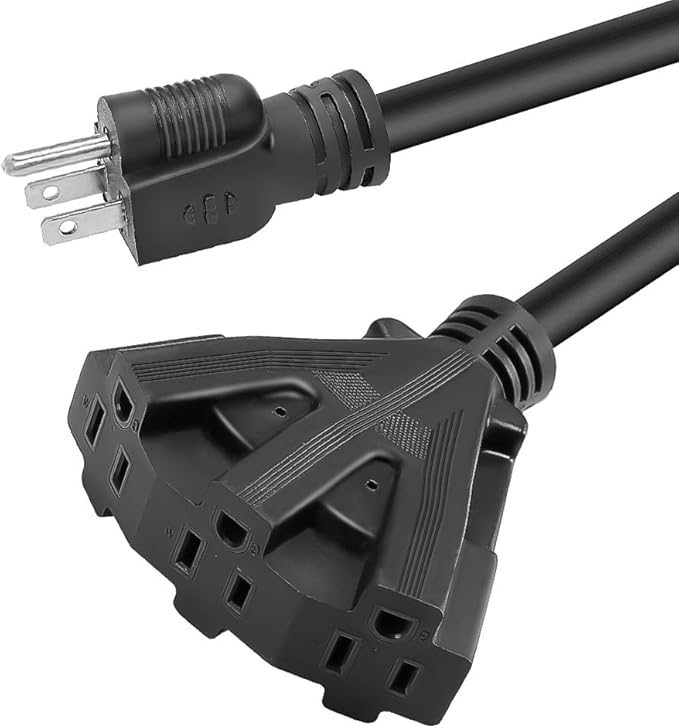 3FT 12/3 Outdoor Extension Cord, Heavy Duty 3-Outlet SJTW Indoor/Outdoor Three-Prong Power-Cord 12-Gauge Grounded 15-Amp 1875 Watts