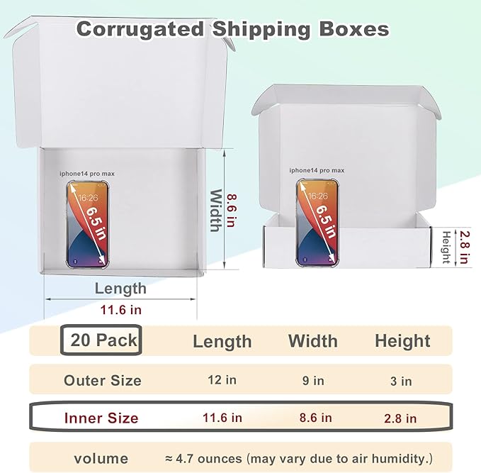 MEBRUDY 12x9x3 Shipping Boxes, 20 Pack White Literature Mailer Corrugated Cardboard Box for Small Business Mailing Packaging