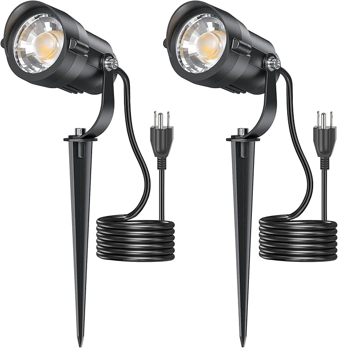 HIBOITEC 12W Spot Lights Outdoor 120V Landscape Lighting Waterproof Spotlight with 4.9ft 3-Plug LED Plug in Landscape Lights for Yard Gardern Decorations 2900K 2Packs