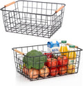 Metal Black Wire Basket,Food Storage Organizer with Wooden Handles, pantry organizers and storage for Kitchen shelf Cabinets potato onion, 2 Packs